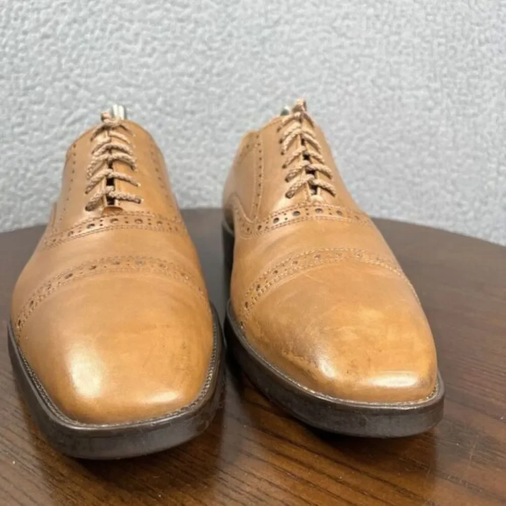 Paul Fredrick Oxford Shoes‎ Mens 8.5 Tan Brown Leather Cap Toe Brogue Made Italy